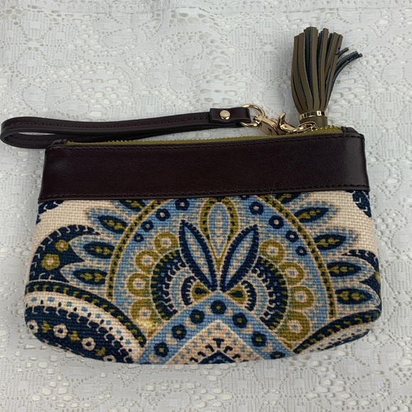 Spartina Linen & leather Wristlet Pouch bag Paisley Blue Tan Boho Gold Zipper - Picture 3 of 13